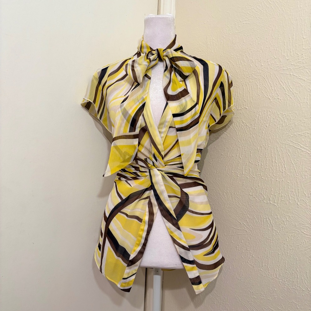 Cache Sheer Yellow Brown Psychedelic Swirl Tie Neck Twist Knot Front Blouse L - Picture 2 of 5